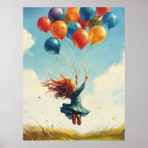 Drijvend meisje met ballonnen poster