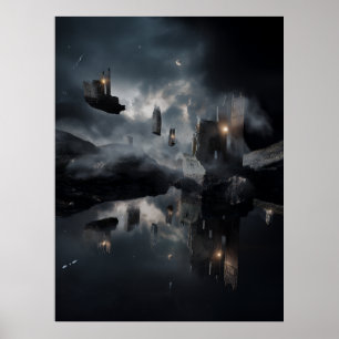 Drijvende gotische ruïnes Kosmische spiegel Nacht Poster