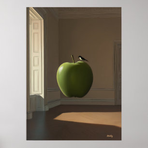 Drijvende Groene Appel en Vogel – Surrealistische Poster