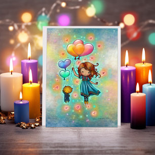 Drijvende Hart Pals Meisje en Kitty met Ballonnen Kaart