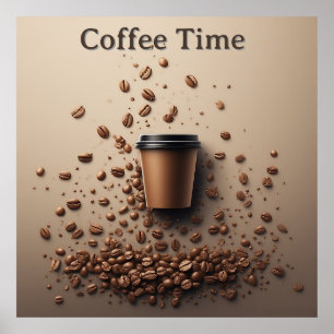 Drijvende koffiekop met koffiebonen poster