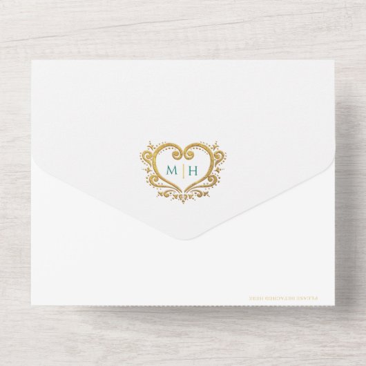 Drijvende maragdgroen witte gouden monogram QR All In One Uitnodiging (Achterkant)