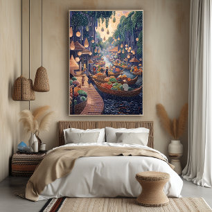 Drijvende markt scene in pointillistische stijl poster