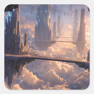 Drijvende metropolis in de wolken vierkante sticker