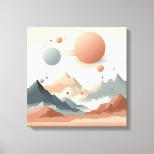 Drijvende Surrealistische Bergen met Gloeiende Zon Canvas Afdruk