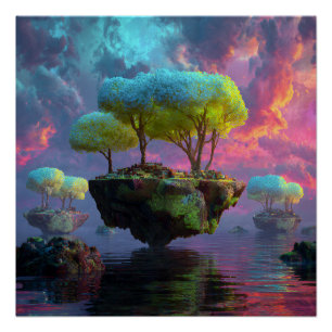 Drijvende Turquoise Boom Eilanden Neon Hemel Perfect Poster