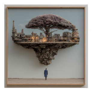 Drijvende verwoeste stad Bloesem Boom Surrealistis Perfect Poster