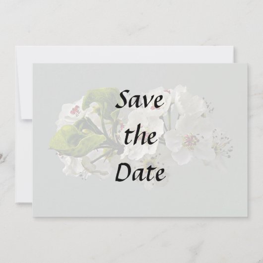 Drijvende witte peren bloesems save the date (Achterkant)