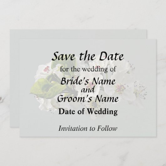 Drijvende witte peren bloesems save the date (Voorkant / Achterkant)