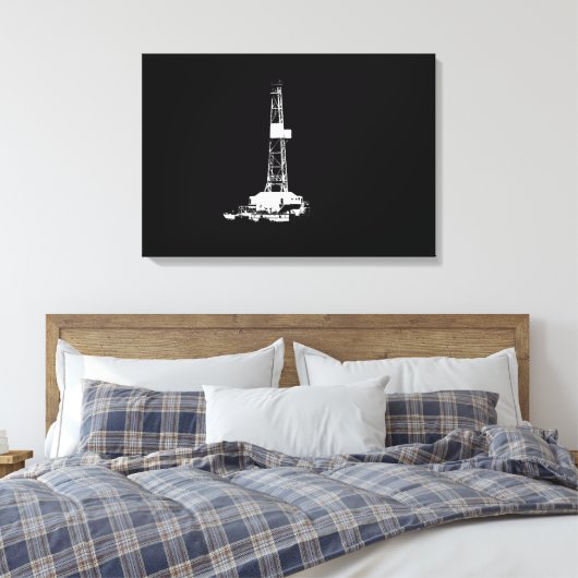 Drilling Rig Silhouet Wit op Zwart Canvas Afdruk (Insitu (Slaapkamer))