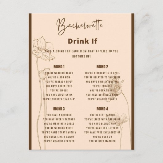 Drink Als Bachelorette Party Spel Informatiekaartje (Voorkant)