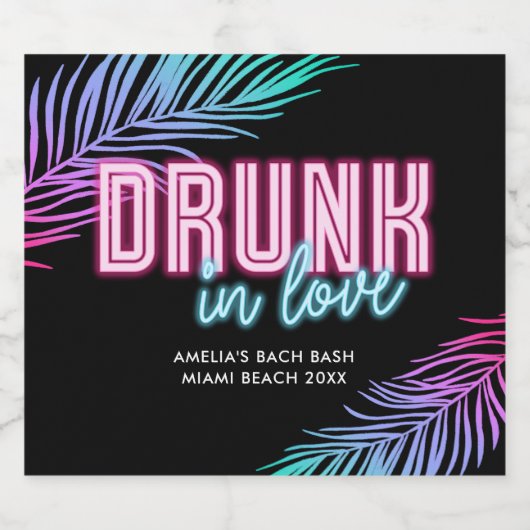 Drink in Liefde Neon Blauw & Roze Tropische Bach Sparkling Wijnetiket (Enkel label)