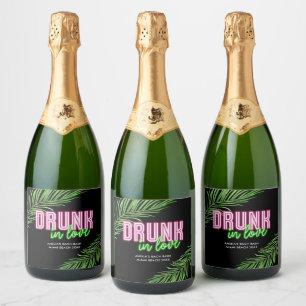 Drink in Liefde Neon Groen & Roze Tropische Bach Sparkling Wijnetiket