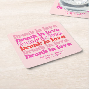 Drink in Love Personalized Retro Pink Wedding Vierkante Kartonnen Onderzetter