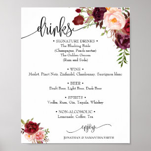 Drink menu teken bruiloft marsala floral boho chic poster