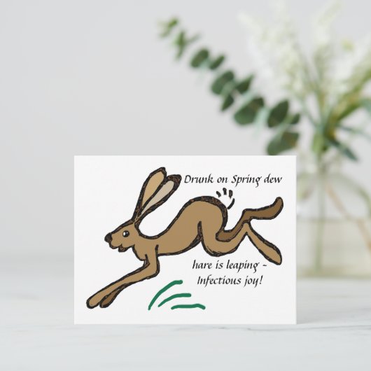 Drink op lentedauw, haas springt briefkaart (Staand voorkant)