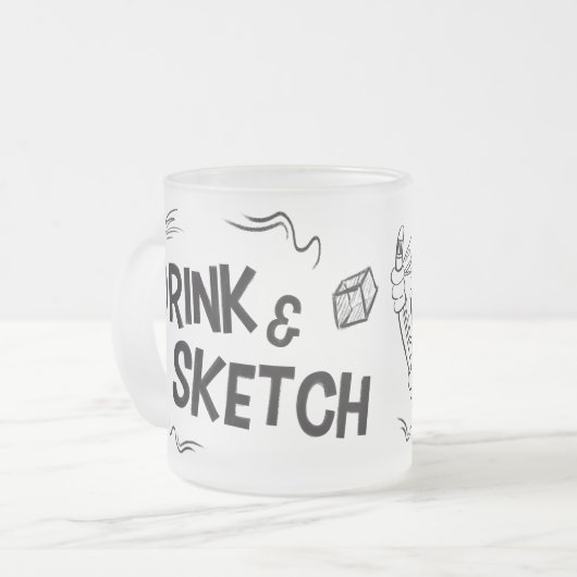 Drink & Sketch (black and white) Matglas Koffiemok (Voorkant links)