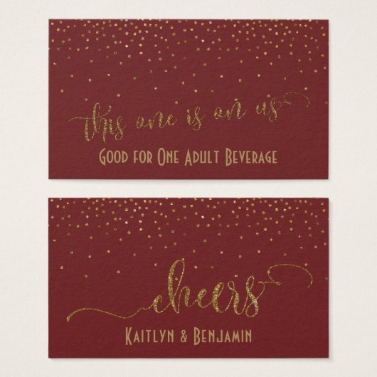Drink Tickets, Faux Gold Glitter Confetti Burgundy (Devant & derrière)