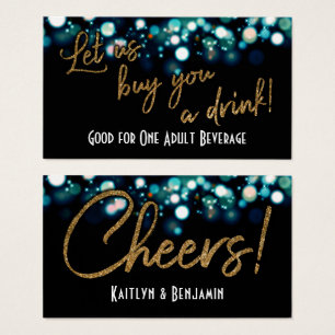 Drink Tickets, Gold Glitter on Aqua & Black Bokeh Visitekaartjes