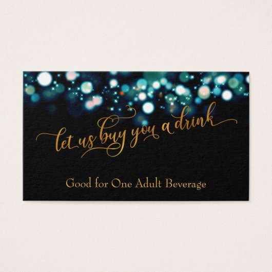 Drink Tickets, Gold Script en Blauwgroen Bokeh Visitekaartjes (Voorkant)