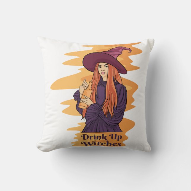 Drink Up Witches Ghost Funny Halloween Groovy Kussen (Voorkant)