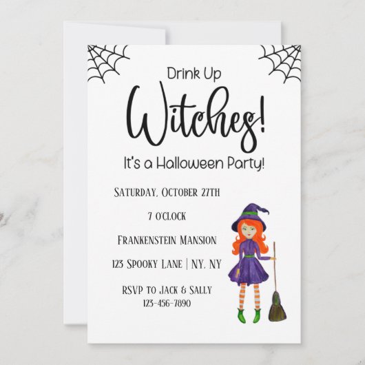Drink Up Witches White Halloween Party Invitation Kaart (Voorkant)