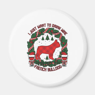 Drink Wijn Franse Bulldog Hond Rood Geruit Kerstmi Magneet