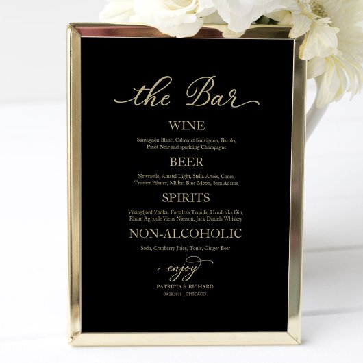 Drinken Bar Gold Calligraphy Black Wedding Sign Poster