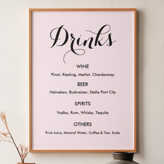 Drinken Menu Bruiloft Blush Roze Poster