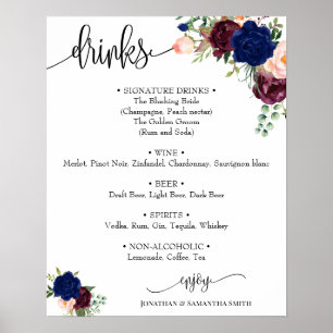 Drinken menu teken bruiloft bogundy floral poster