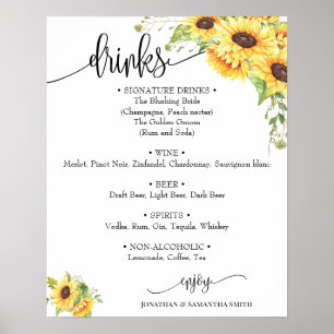 Drinken menu teken bruiloft zonnebloem floral boho poster