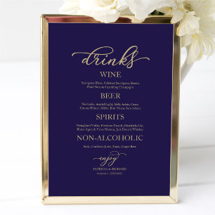 Drinks Bar Goud Schrift Navy Blauwe Huwelijksbord Poster