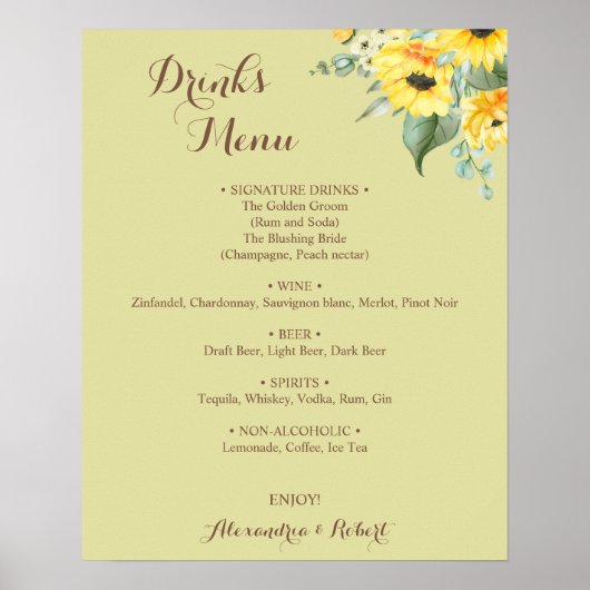 Drinks Menu Zonnebloemen Groen Bruiloft Poster (Voorkant)