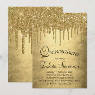 Dripping Gold Glitter   Champagne Melt Quinceanera Kaart
