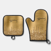 Dripping Gold Glitter Glam Naam Ovenwant & Pannenlap Set (Voorkant)