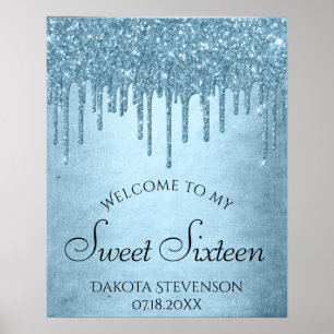 Dripping Ice Blue Glitter Glam Sweet Sixteen Poster