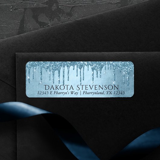 Dripping Ice Glitter | Blauw Faux Sparkle Adres Etiket