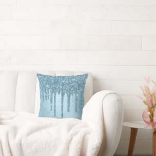 Dripping Ice Glitter Blauw Faux Sparkle Metallic Kussen