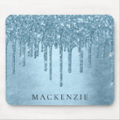 Dripping Ice Glitter | Blauw Faux Sparkle Monogram Muismat (Voorkant)