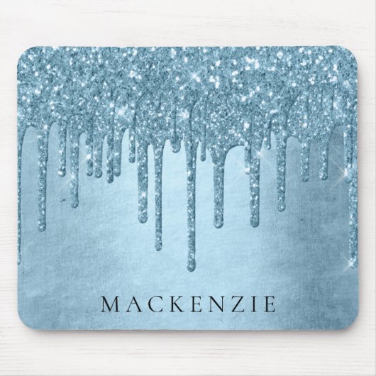 Dripping Ice Glitter | Blauw Faux Sparkle Monogram Muismat (Voorkant)