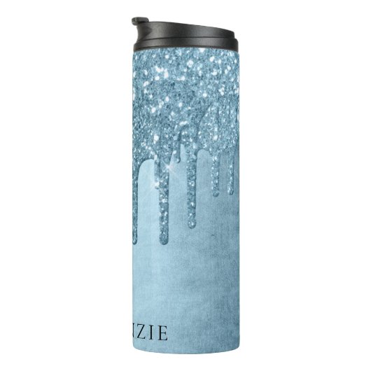 Dripping Ice Glitter | Blauw Faux Sparkle Monogram Thermosbeker (Geroteerd rechts)