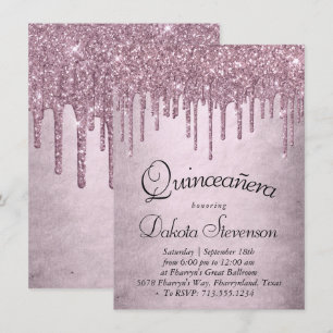 Dripping Mauve Glitter Dusty Pink Quinceanera Kaart