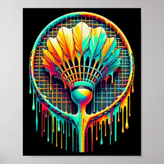 Dripping Paint Badminton Player Shuttle Racket Poster (Voorkant)