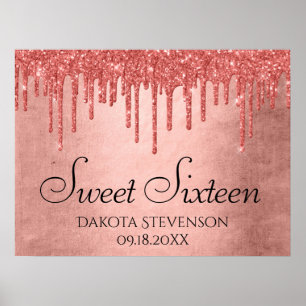 Dripping Peach Glitter Terra Cotta Sweet Sixteen Poster