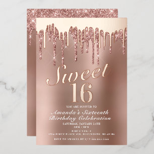Dripping Rose Goud Sweet 16 Verjaardag Echt Folie Uitnodiging