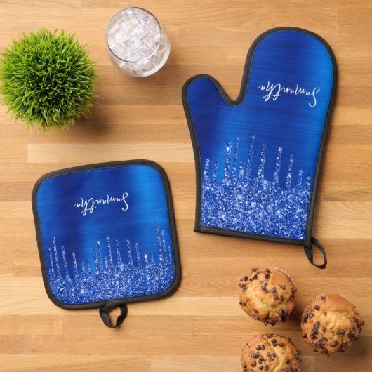 Dripping Royal Blue Glitter Glam Naam Ovenwant & Pannenlap Set (Top down)