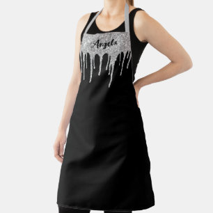 Dripping Silver Glitter Gepersonaliseerd Zwart L Schort