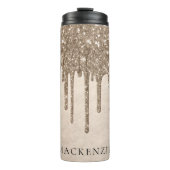 Dripping Taupe Glitter | Champagne Gold Monogram Thermosbeker (Voorkant)