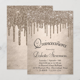 Dripping Taupe Glitter Champagne Quinceanera Kaart