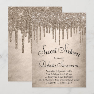 Dripping Taupe Glitter Champagne Sweet Sixteen Kaart
